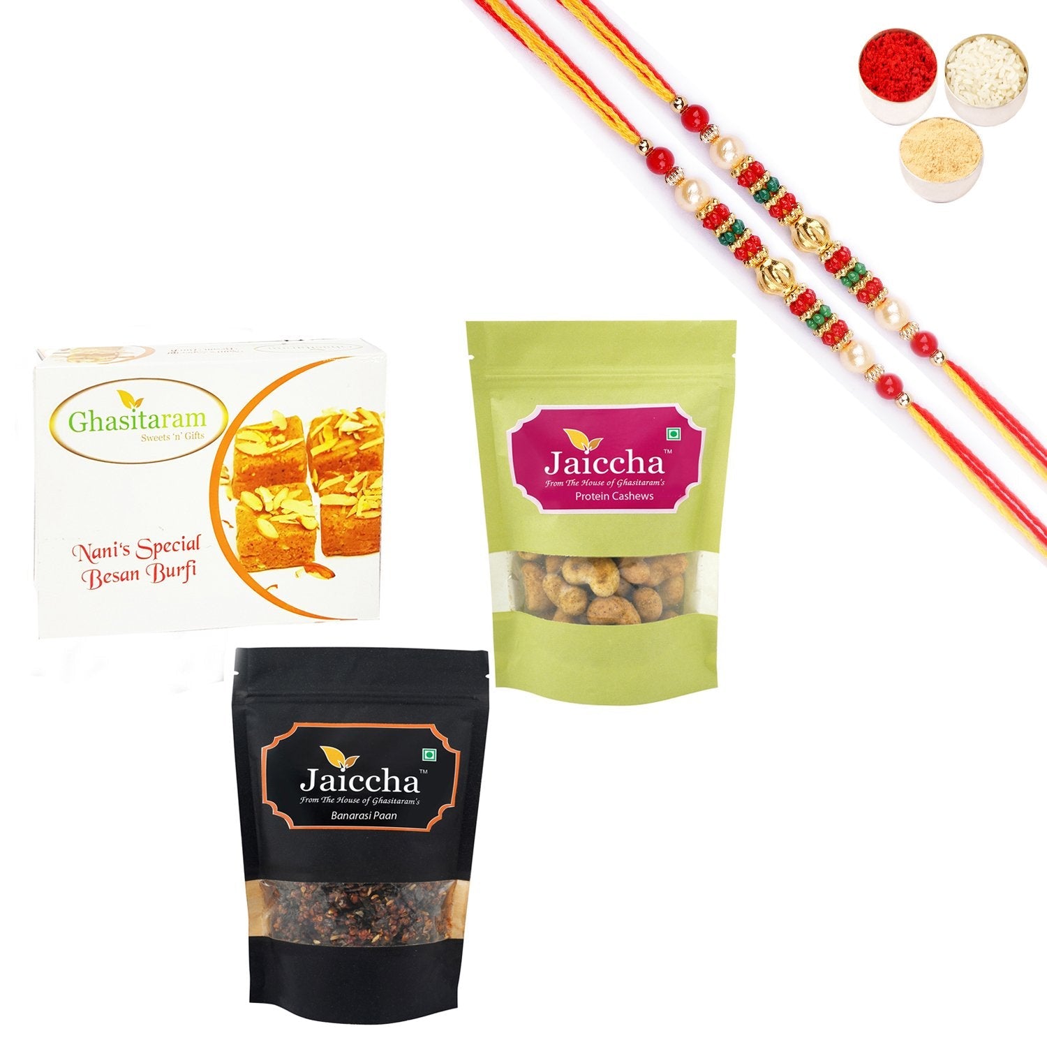 Ghasitaram Besan Barfi, Protein Cashews and Banarsi Paan With Pearl Beads Rakhi - Safuron