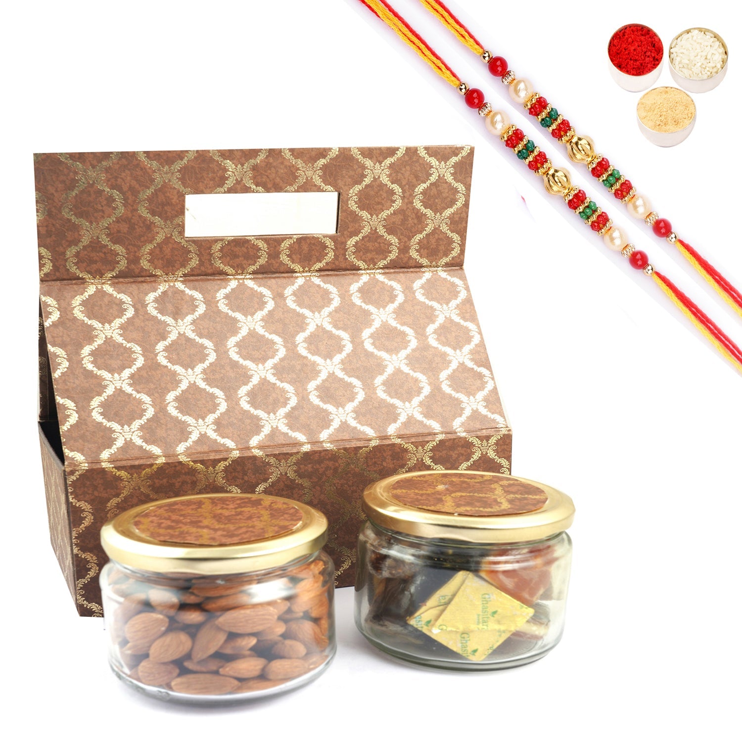 Ghasitaram Assorted Bites and Almonds With 2 Pearl Beads Rakhis - Safuron