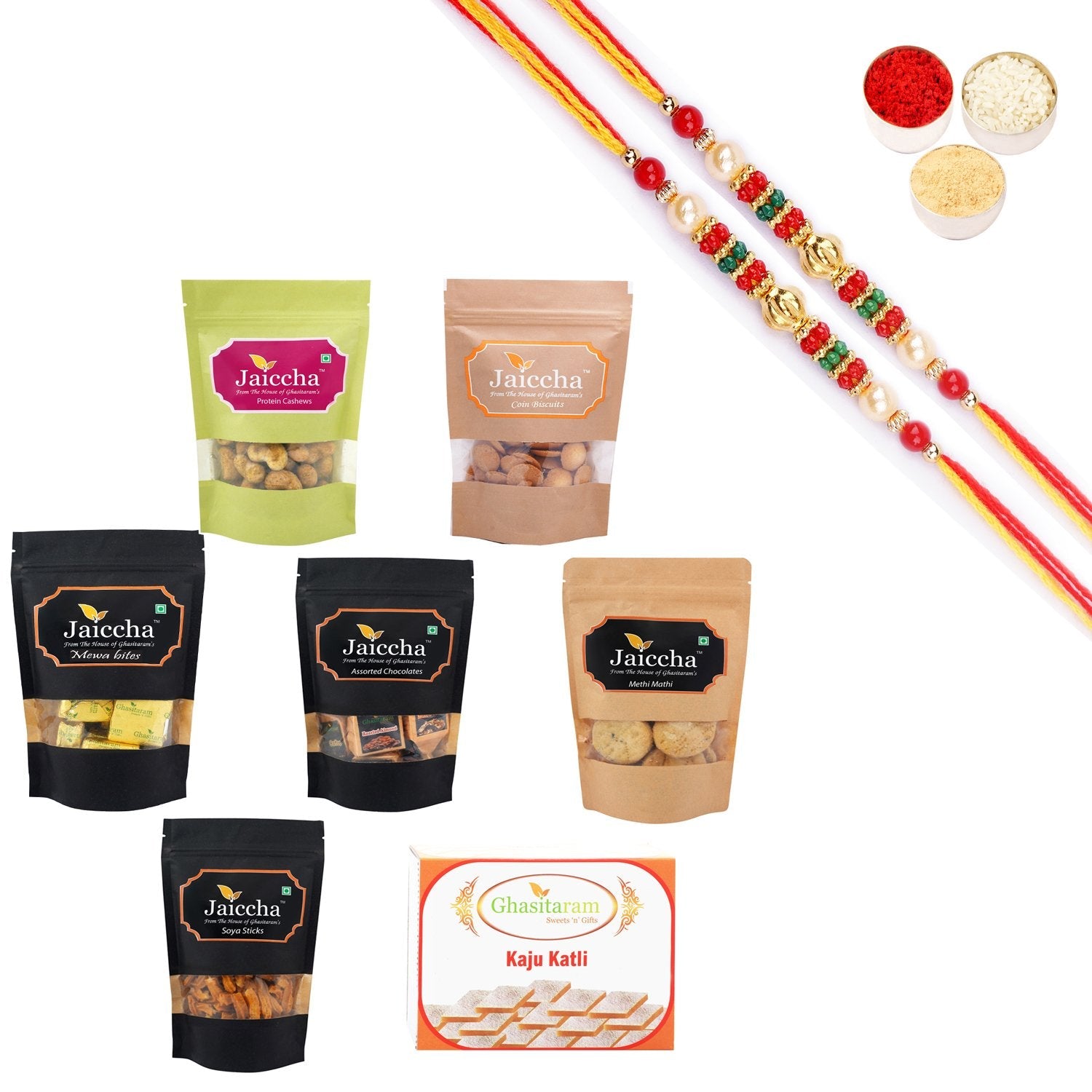 Ghasitaram Best of 7 Sweets and Snacks Combo with Pearl Beads Rakhi - Safuron