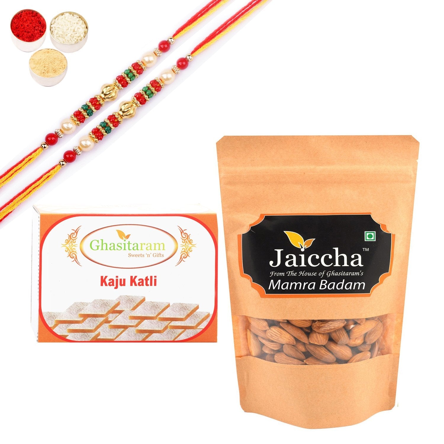 Ghasitaram Kaju Katlis, and Mamra Almonds With Pearl Beads Rakhi - Safuron