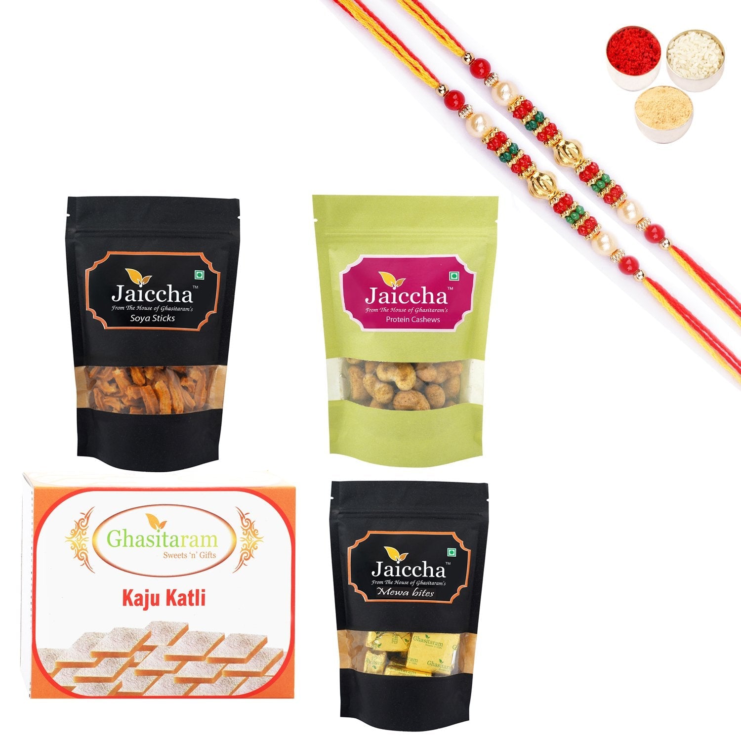 Ghasitaram Kaju Katli, Mewa Bites Pouch, Soya Sticks Pouch and Protein Cashews Pouch With Pearl Beads Rakhi - Safuron