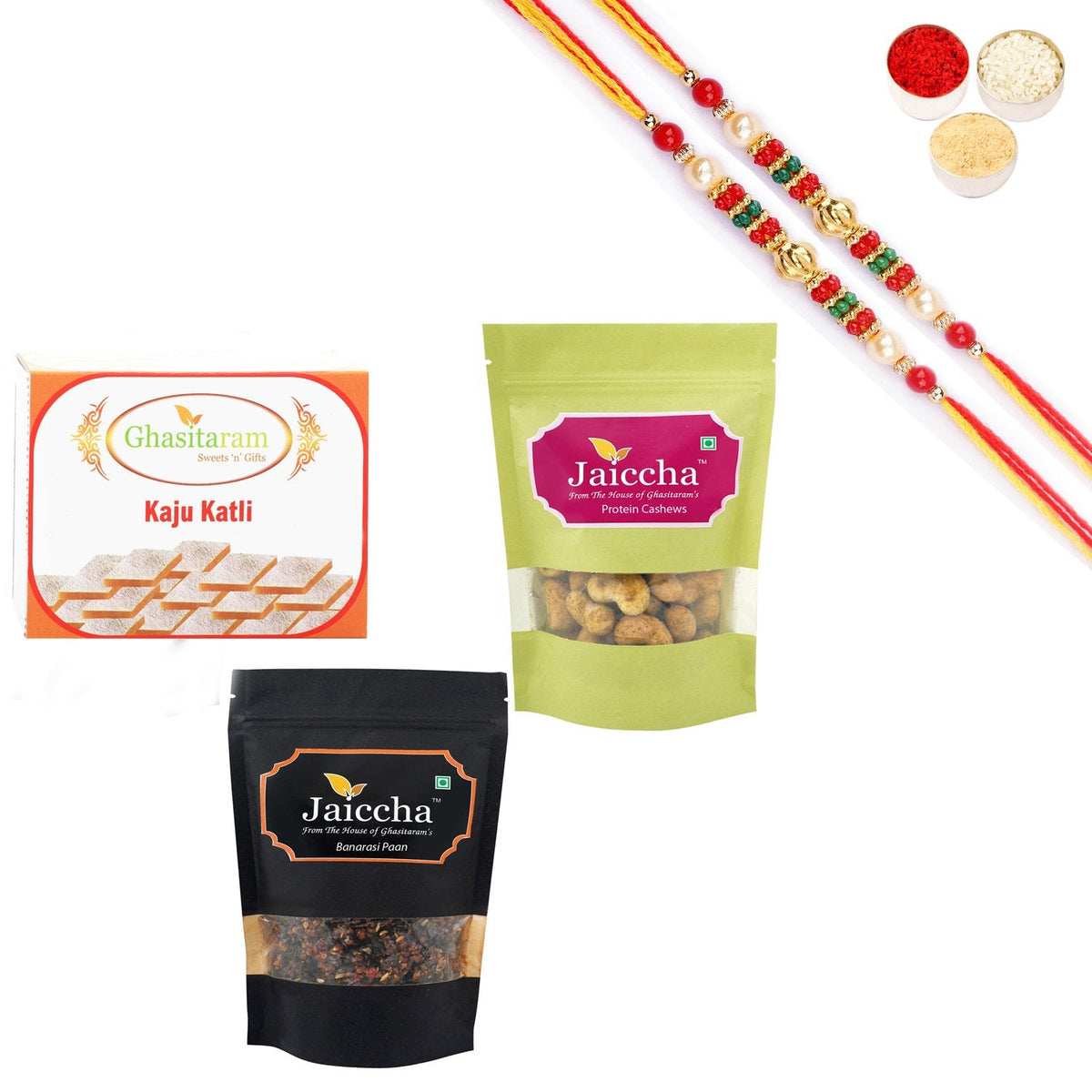 Ghasitaram Kaju Katlis, Protein Cashews and Banarsi Paan With Pearl Beads Rakhi - Safuron