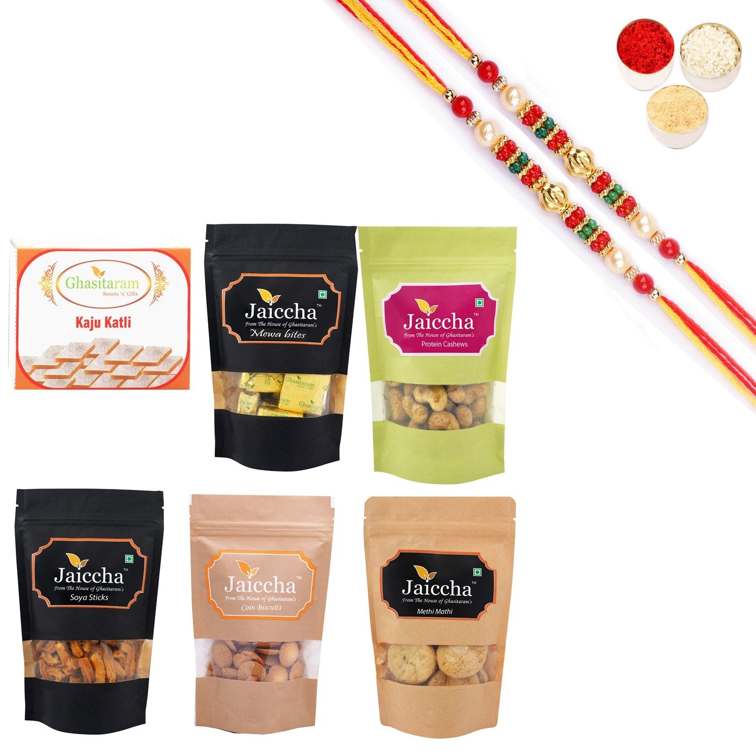 Ghasitaram Best of 6 Sweets and Snacks Combo with Pearl Beads Rakhi - Safuron