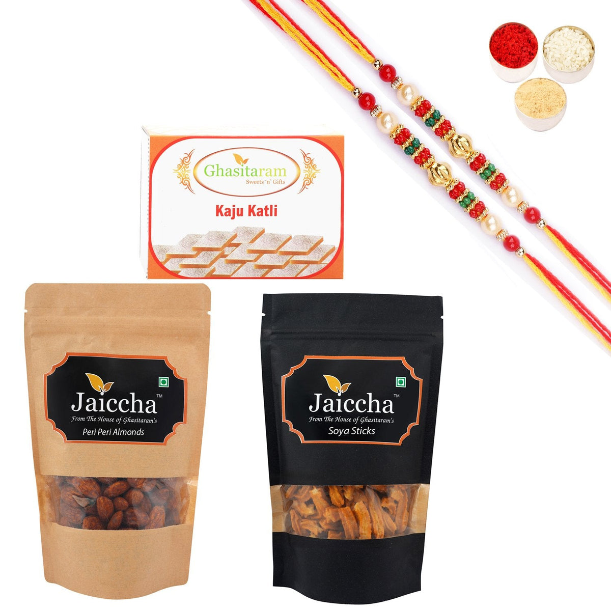Ghasitaram Kaju Katli, Soya Sticks Pouch and Peri Peri Almonds Pouch With Pearl Beads Rakhi - Safuron