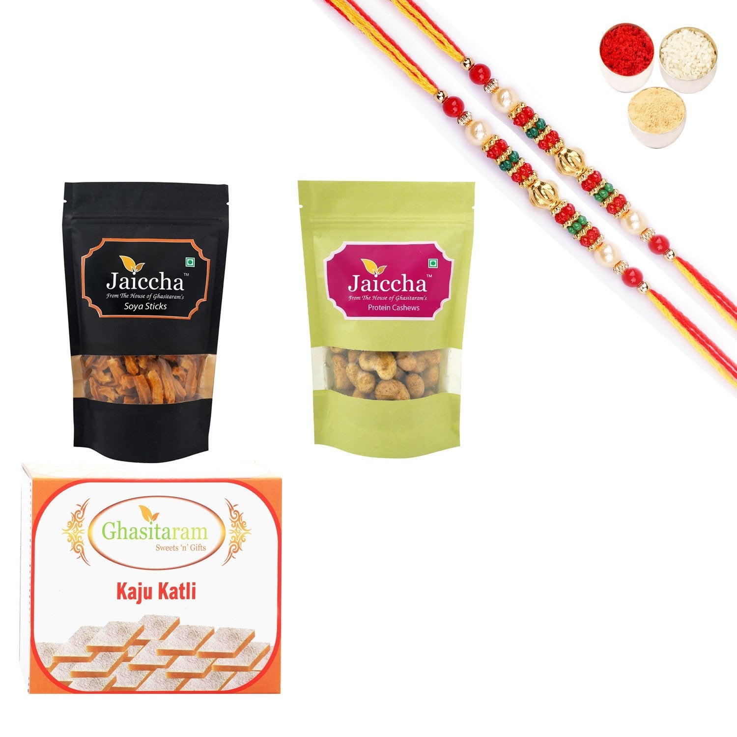 Ghasitaram Kaju Katli, Soya Sticks Pouch and Protein Cashews Pouch With Pearl Beads Rakhi - Safuron