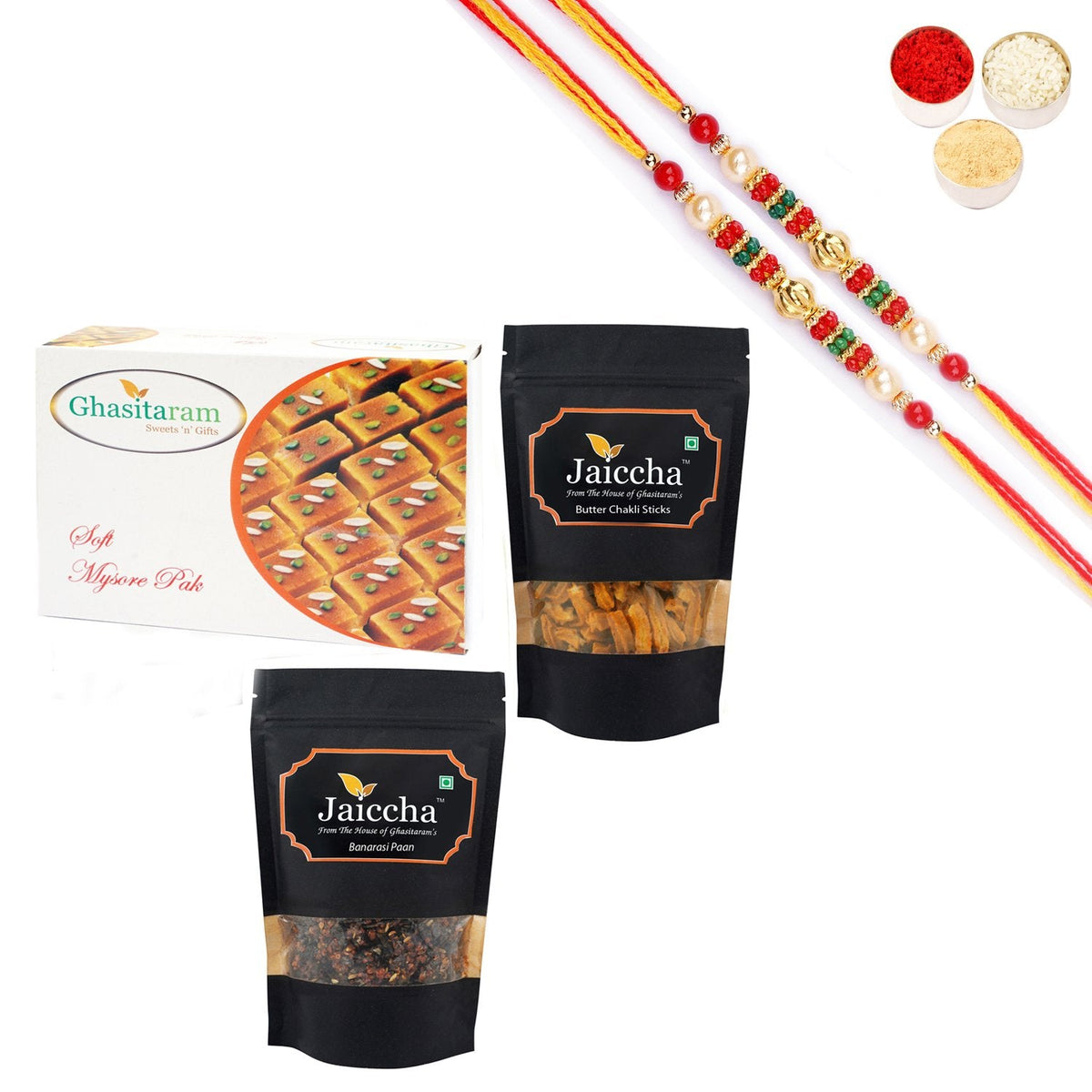 Ghasitaram Mysore Pak, Butter Chakli Sticks and Banarsi Paan With Pearl Beads Rakhi - Safuron