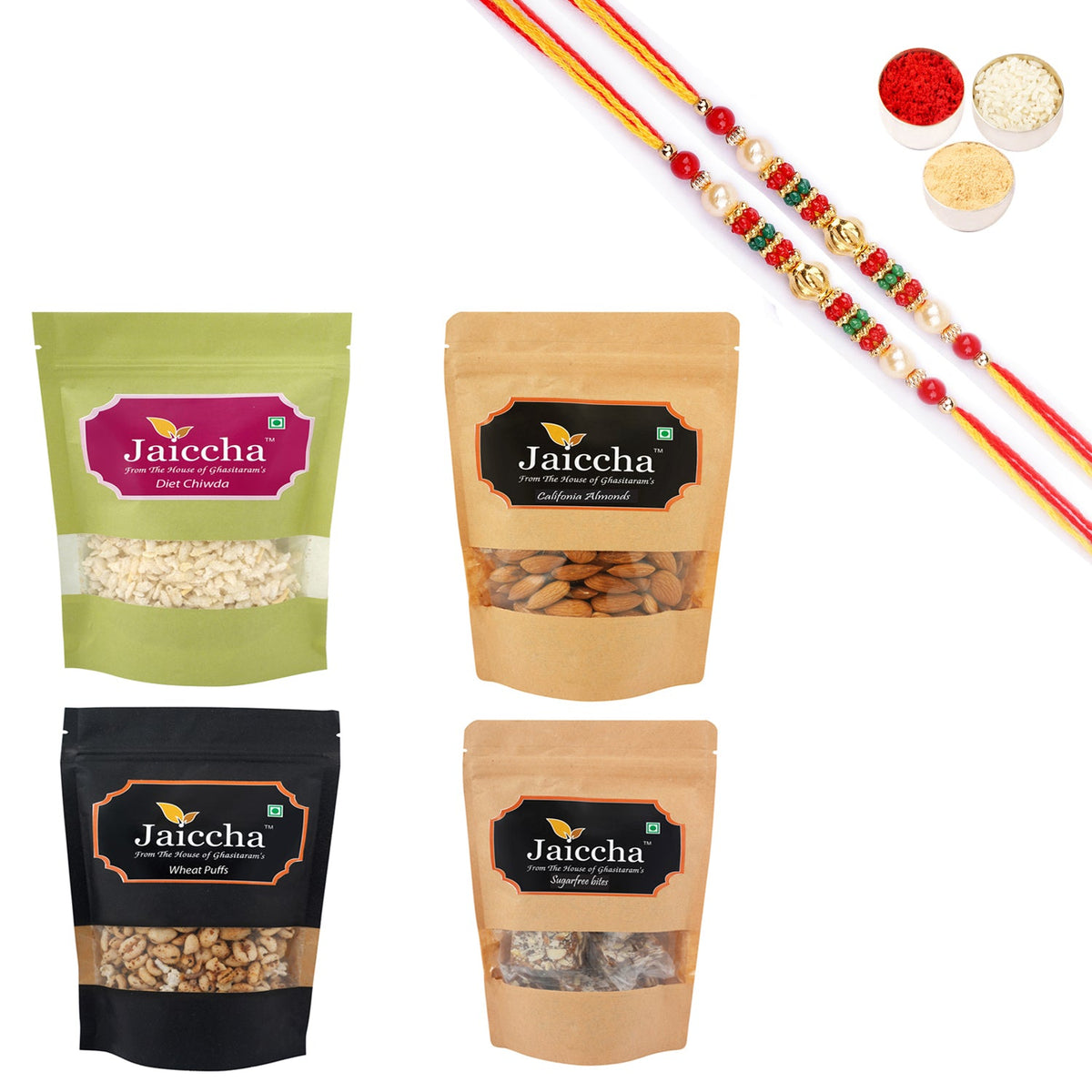 Ghasitaram Healthy Hamper Sugarfree Anjeer Bites; Wheat puffs, Diet Chiwda and Almonds With Pearl Beads Rakhi - Safuron