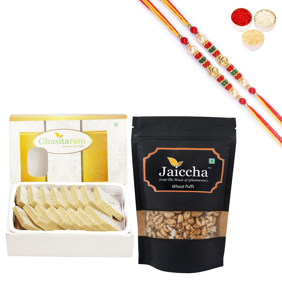 Ghasitaram Sugarfree Kaju Katli and Wheat Puffs With Pearl Beads Rakhi - Safuron