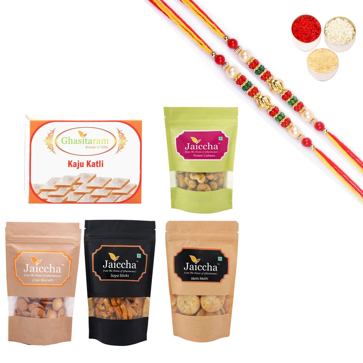 Ghasitaram Best of 5 Sweets and Snacks Combo with Pearl Beads Rakhi - Safuron