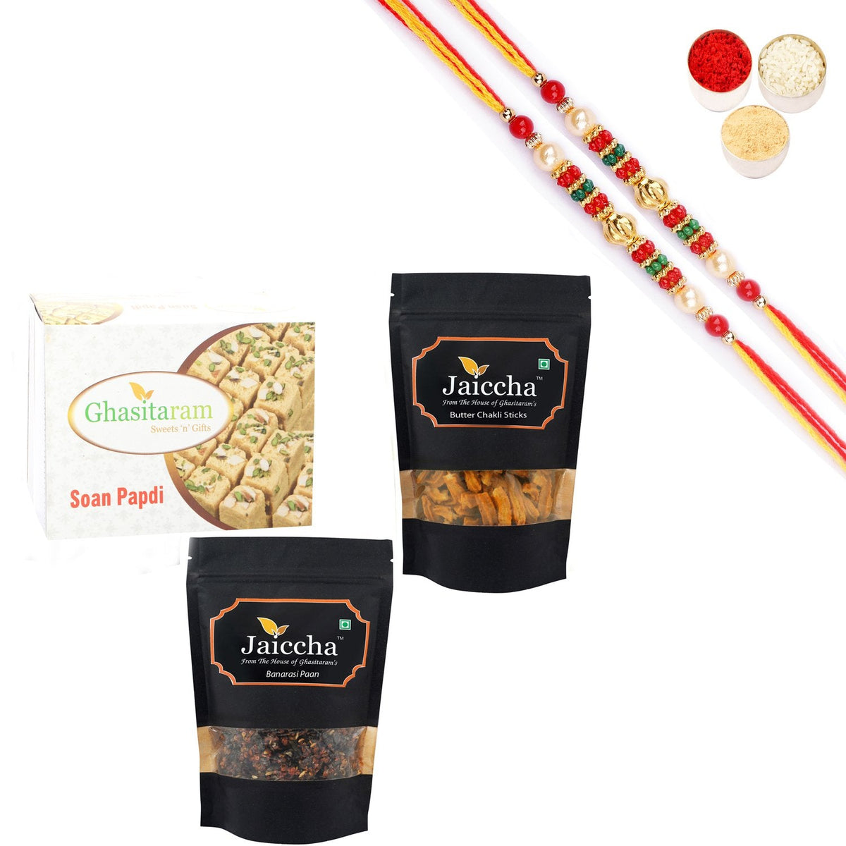 Ghasitaram Soan Papdi, Butter Chakli Sticks and Banarsi Paan With Pearl Beads Rakhi - Safuron