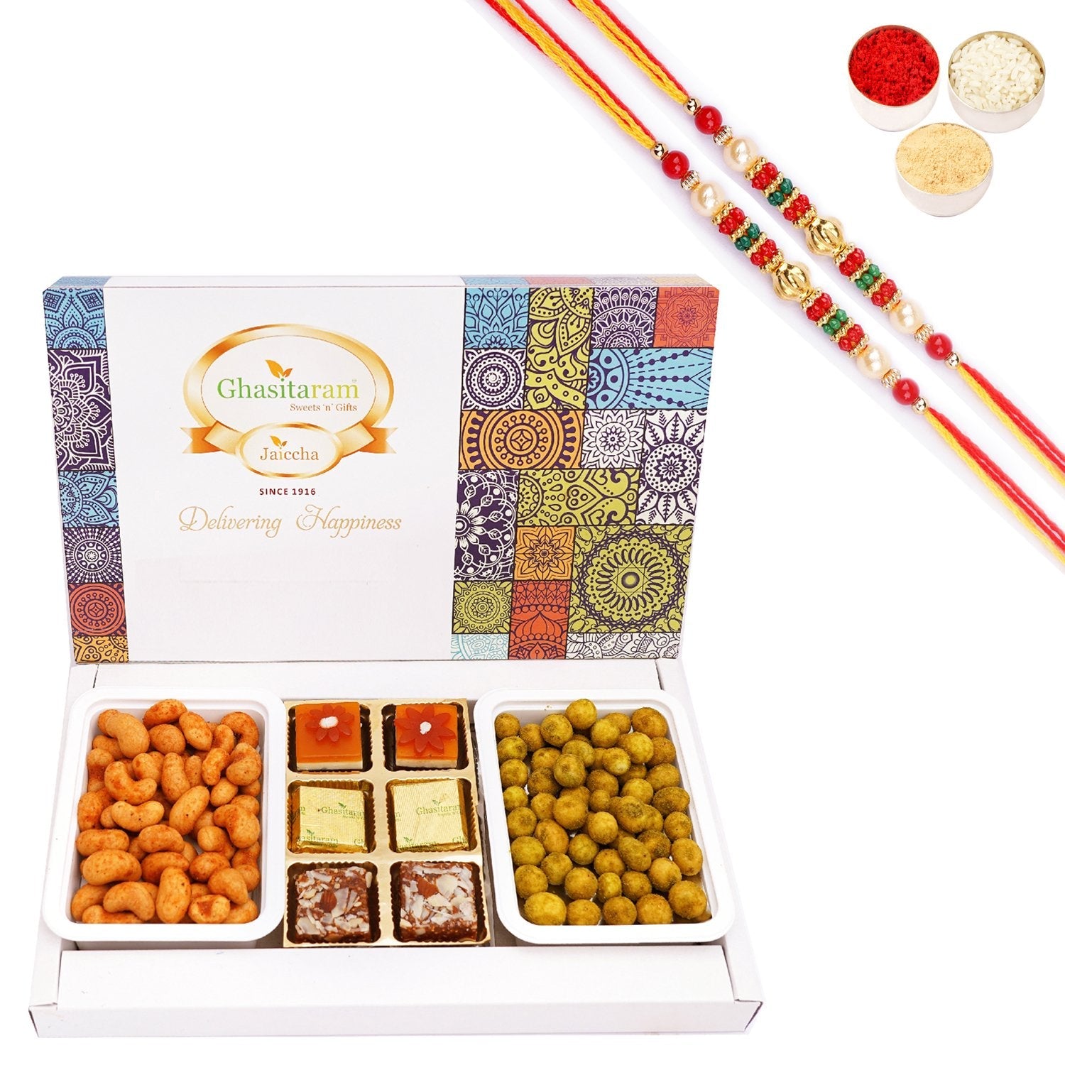 Ghasitaram Assorted Festive Box of Assorted Bites, Crunchy Cashews, Crunchy Peanuts With 2 Pearl Beads Rakhis - Safuron