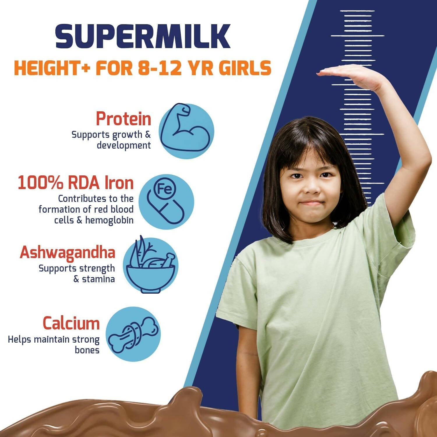 Gritzo SuperMilk Height+ Health Drink for 10-12y Girls - Double Chocolate Flavor Gritzo