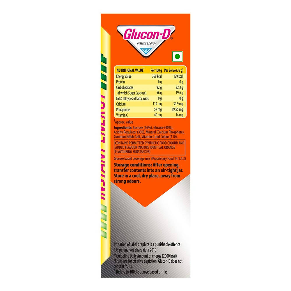 Glucon-D Instant Energy Health Drink - Tangy Orange | Tangy Orange Glucose Powder | Instant Energy & Immunity Recharge | With Vitamin C & Calcium Glucon-D