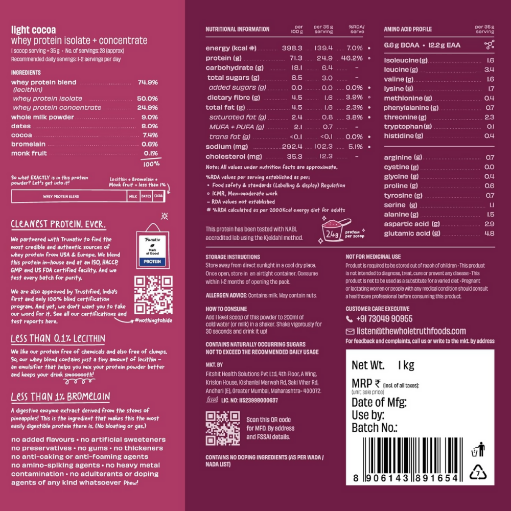 The Whole Truth Whey Protein Isolate+Concentrate - Light Cocoa The Whole Truth
