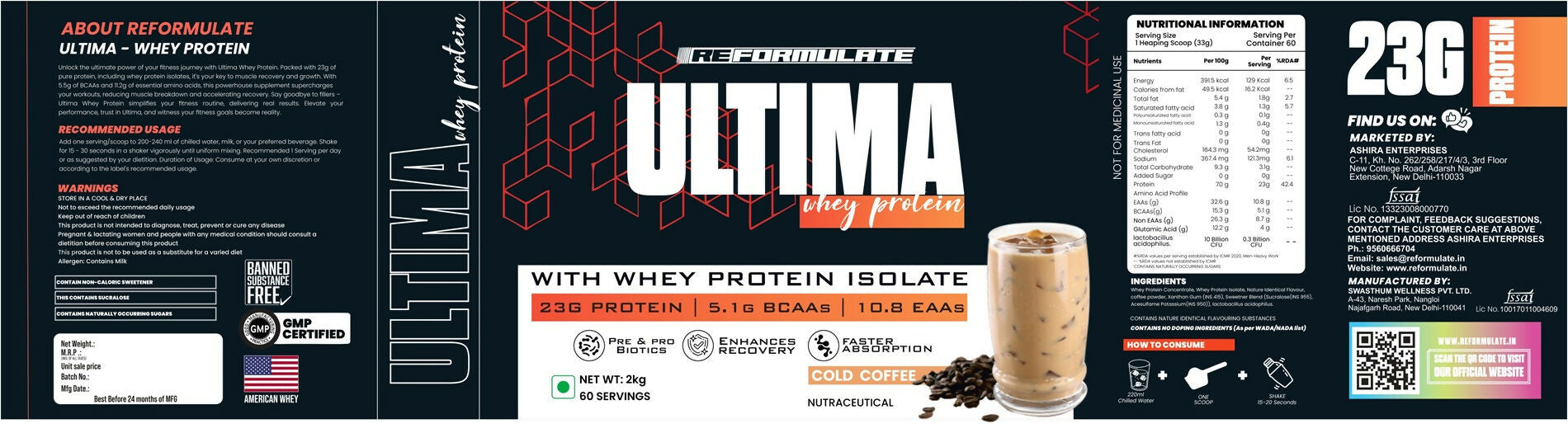 Reformulate Ultima I Whey Protein with Isolate I 23 G Protein I 5.1G BCAA I 10.8 EAA I Pre & Probiotics - Cold Coffee Reformulate