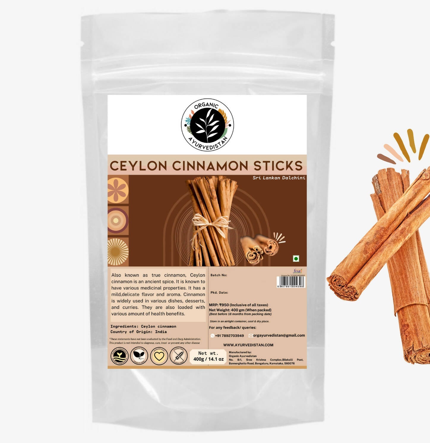Organic Ayurvedistan Cassia Cinnamon Sticks - Safuron