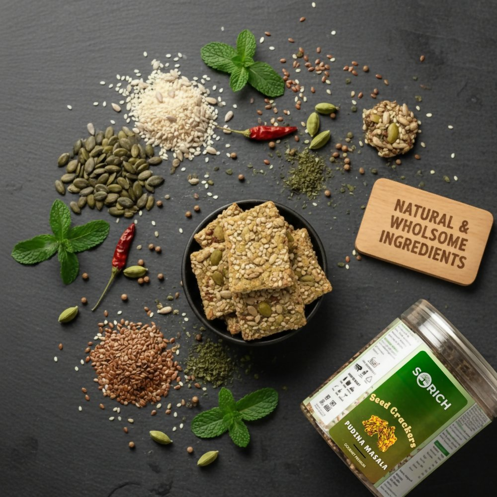Sorich Organics Pudina Seeds Cracker – Crispy & Healthy Snack with Pudina Masala Twist Sorich