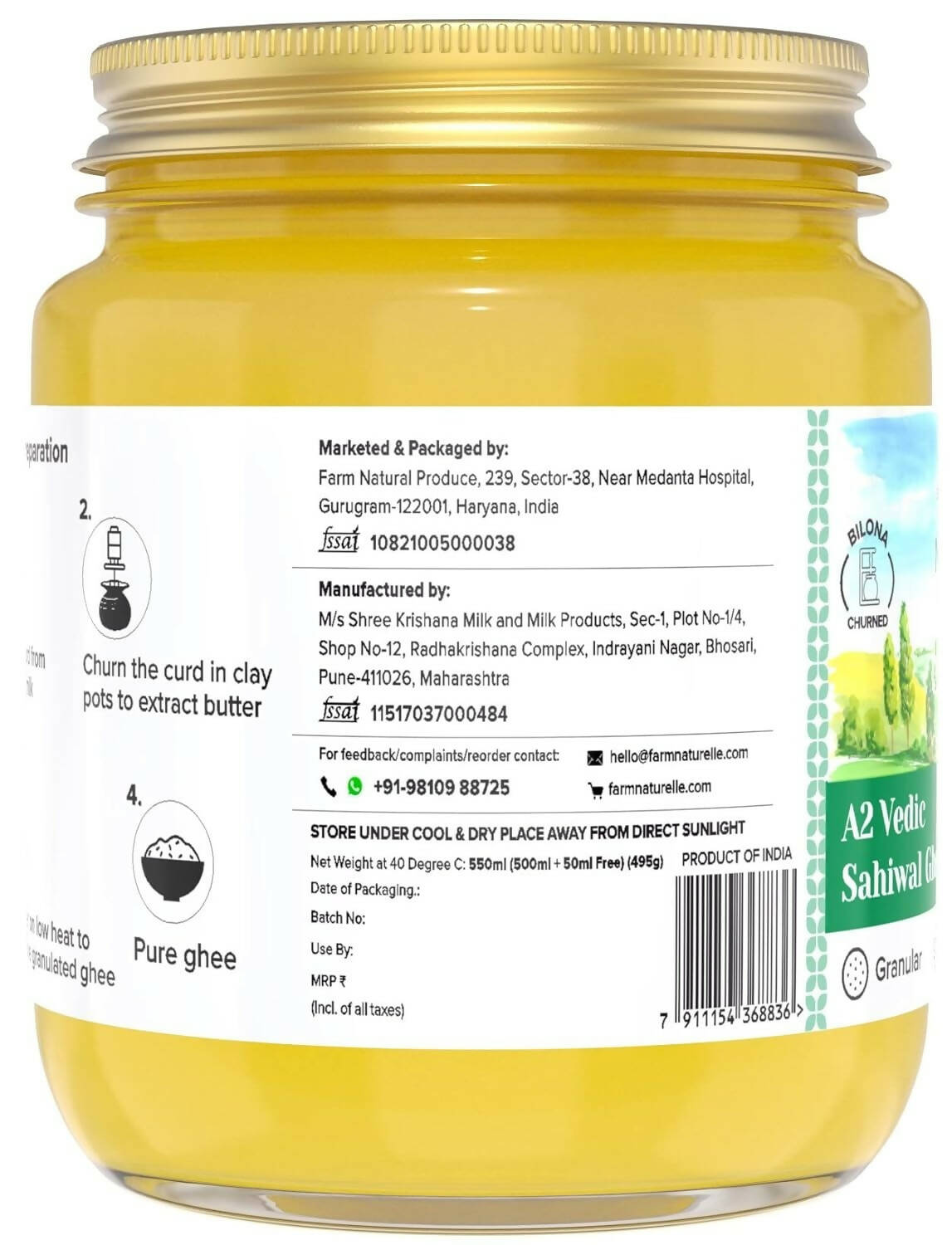 Farm Naturelle A2 Vedic Sahiwal Ghee - Desi Cow Ghee | Natural, Healthy, and Pure | Cultured Cow Ghee Farm Naturelle