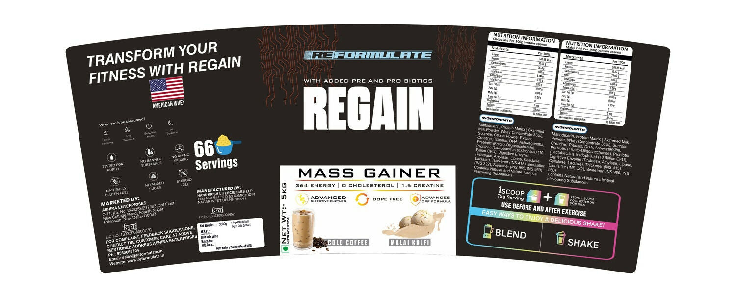 Reformulate Regain I Mass Gainer with Added Pre and Pro Biotics I 364 Energy | 1.5 Creatine - Cold Coffee & Malai Kulfi Reformulate