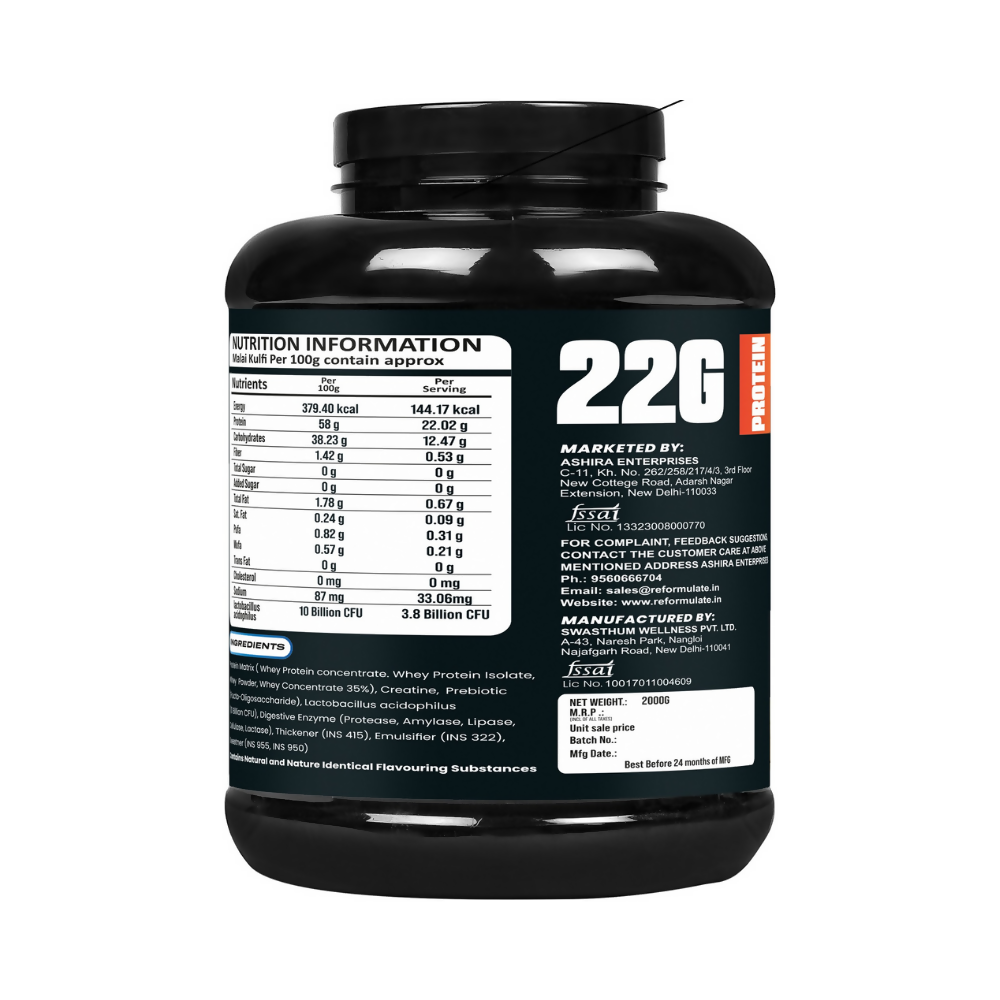 Reformulate Fusion Whey Protein With Pre & Pro Biotics I Muscle Growth I 58G Protein | 379 Kcal Energy - Malai Kulfi Reformulate