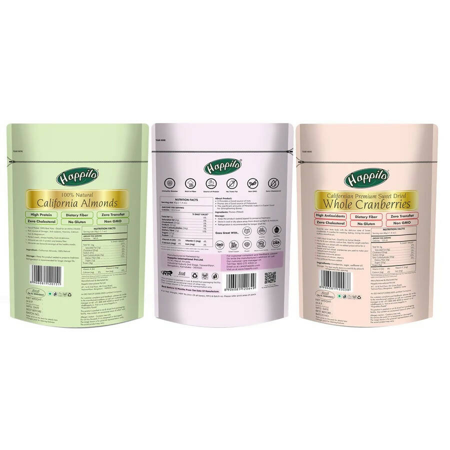 Happilo Premium Dry Fruits Combo (Californian Almonds, Prunes, Cranberries) Happilo