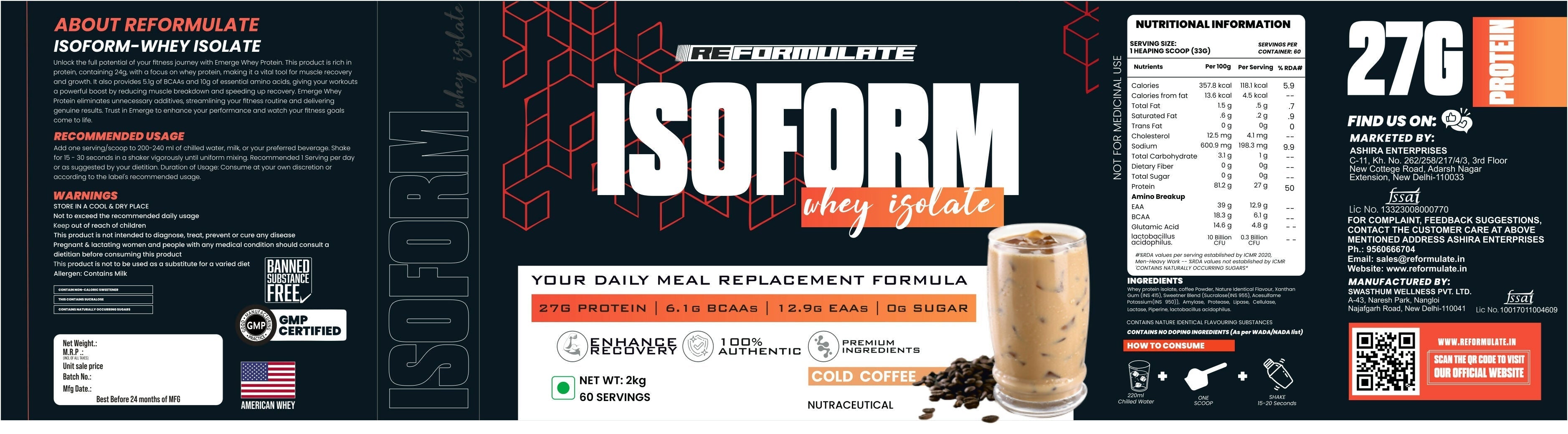 Reformulate I Isoform I Whey Isolate I Your Daily Meal Replacement Formula I 27G Protein | 6.1G BCAA | 12.9G EAA | O g Sugar - Cold Coffee Reformulate