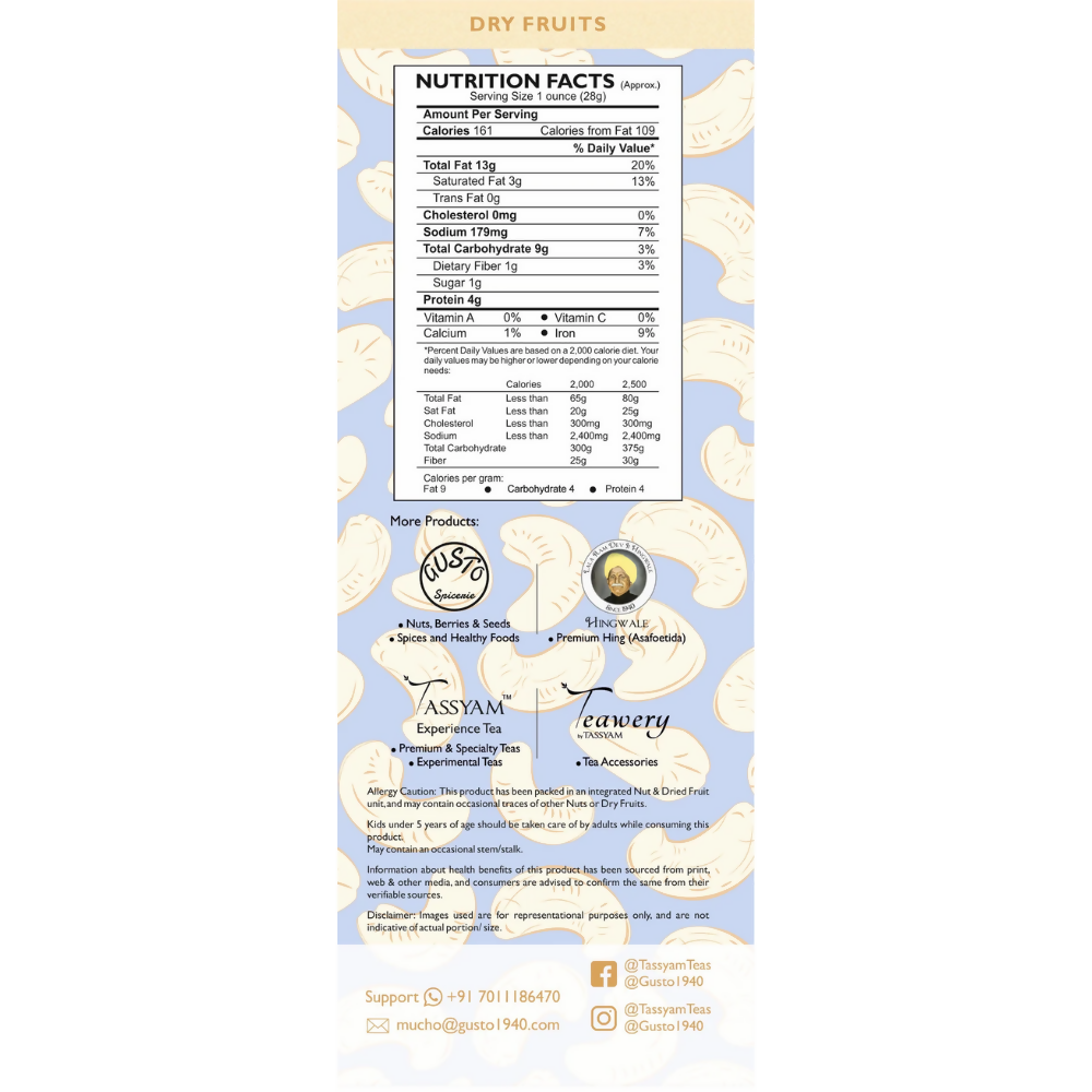 Tassyam Organics Premium Cashews w240 Grade - Box Tassyam Organics