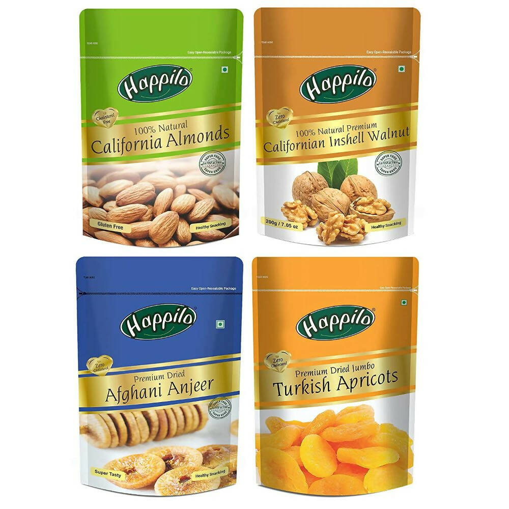 Happilo Premium Californian Almonds, Walnuts Inshell, Afghani Anjeer & Turkish Apricot Combo - Safuron
