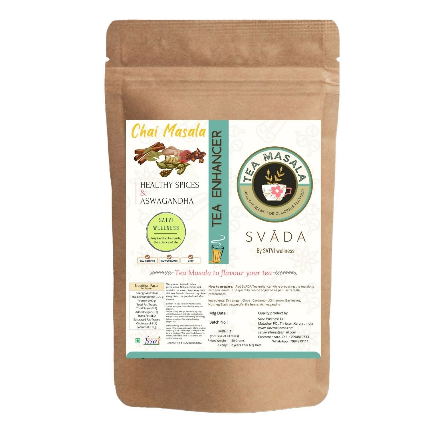 Satvi Wellness Tea masala with Ashwagandha | Ashwagandha tea mix | Satvi Tea enhancer - Safuron
