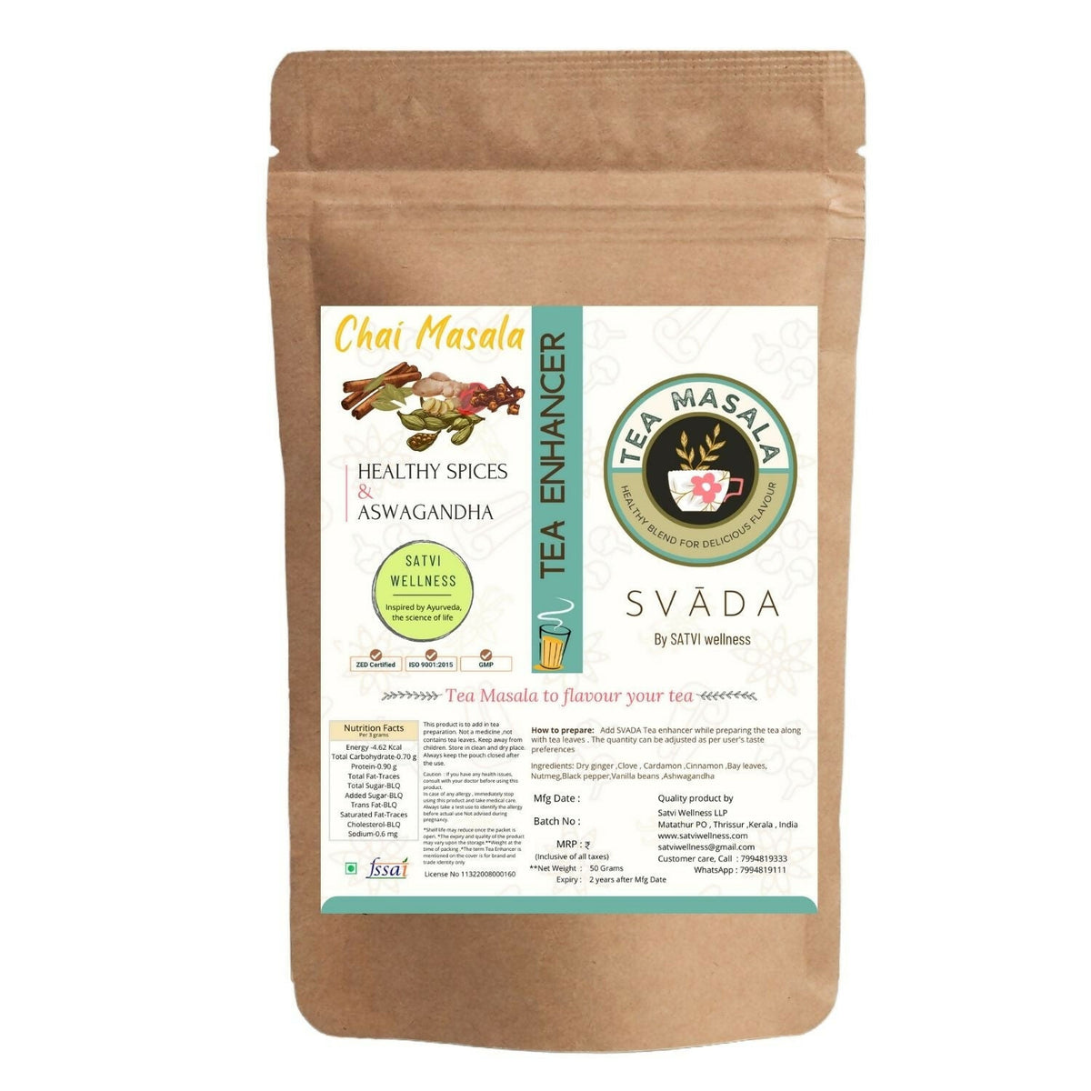 Satvi Wellness Tea masala with Ashwagandha | Ashwagandha tea mix | Satvi Tea enhancer - Safuron